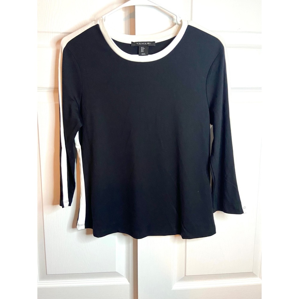 Tahari Womens Black White Side Stripe Long Sleeve Top Small Crew Neck Knit